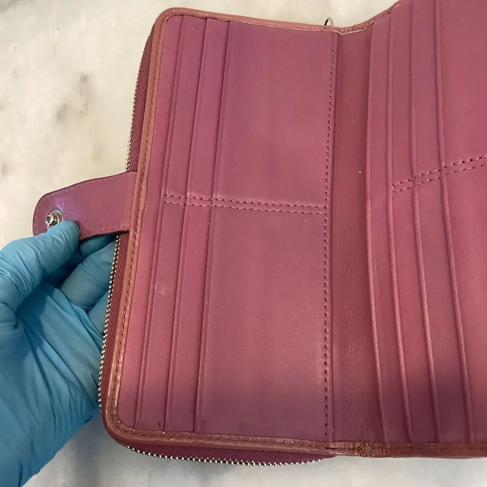 Coach Wallet Canvas Pink Tan Jacquard Signature Stripe Logo Full Sized Wallet